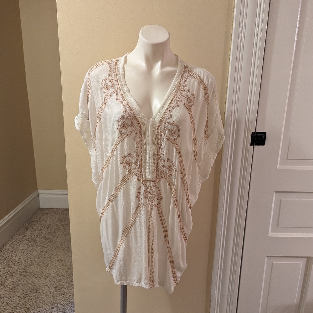 Amita Naithani cream swim coverup with brown embroidery and beading size M